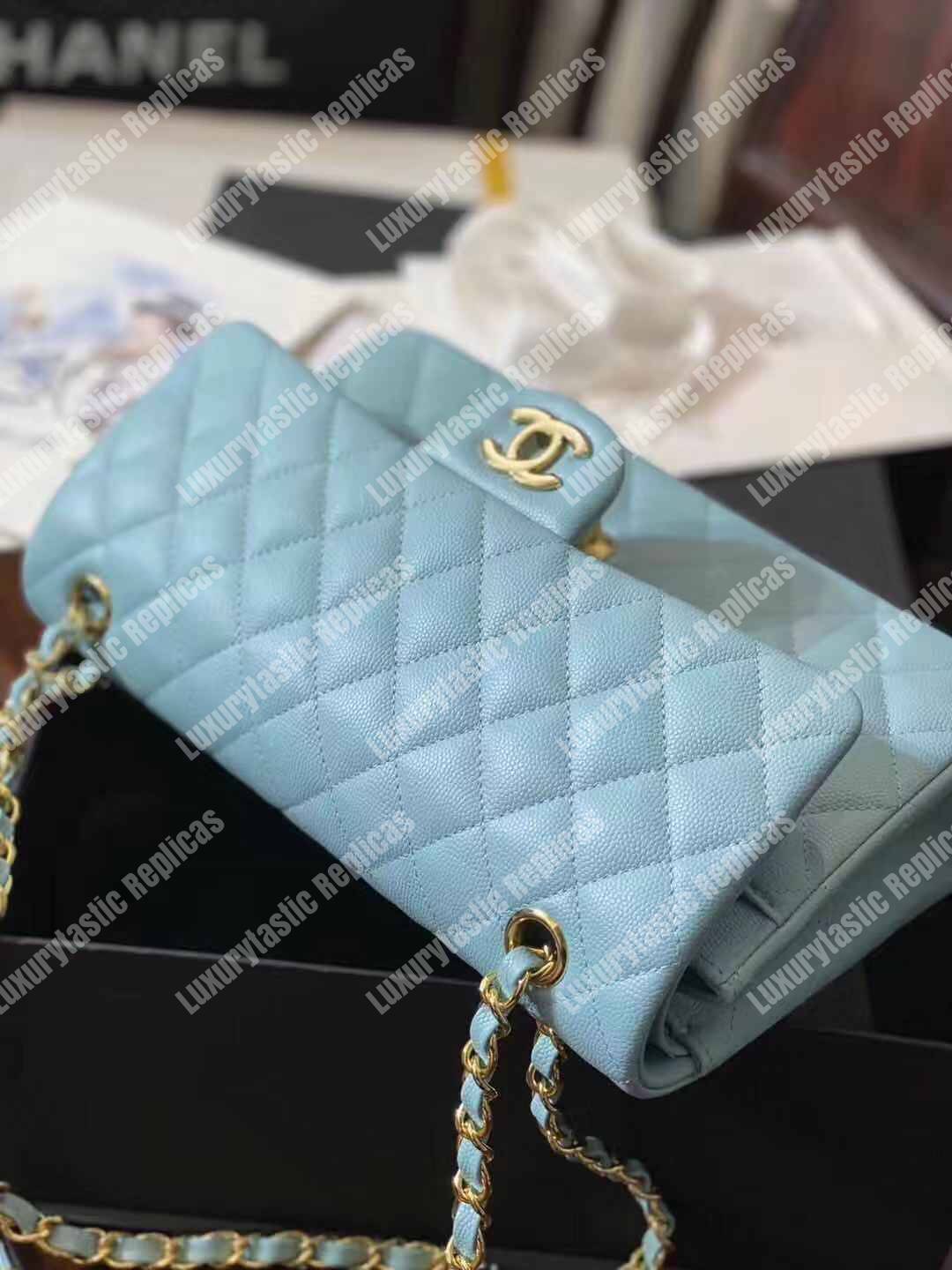 Ch*el medium classic handbag pale blue gold-tone metal