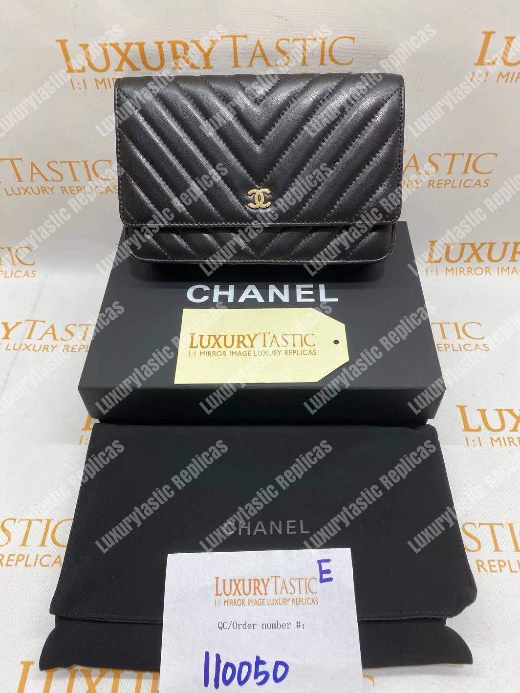 Ch*el wallet on chain – woc chevron lambskin black gold-toned