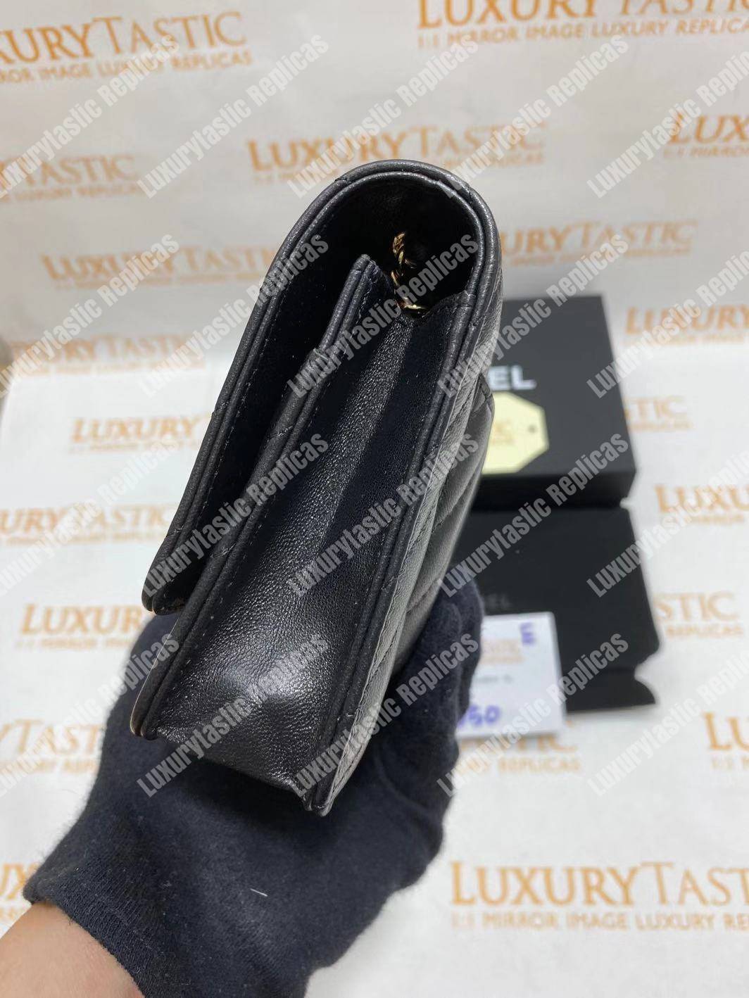 Ch*el wallet on chain – woc chevron lambskin black gold-toned