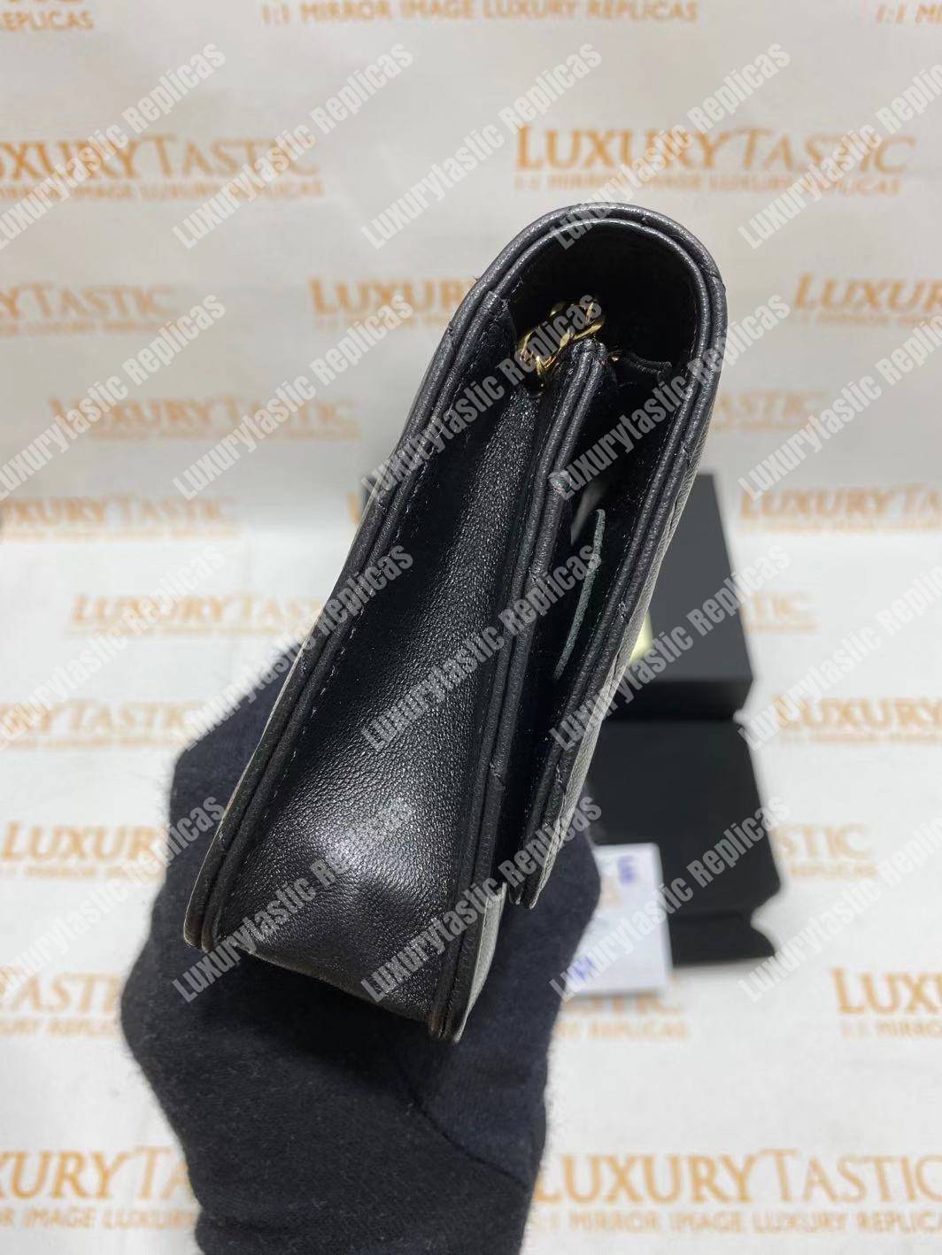 Ch*el wallet on chain – woc chevron lambskin black gold-toned