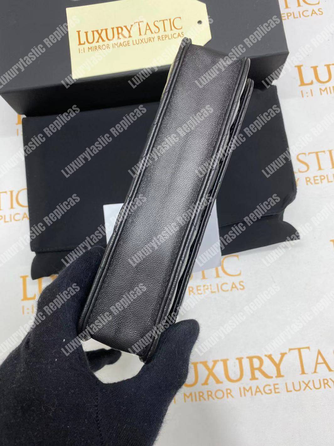 Ch*el wallet on chain – woc chevron lambskin black gold-toned