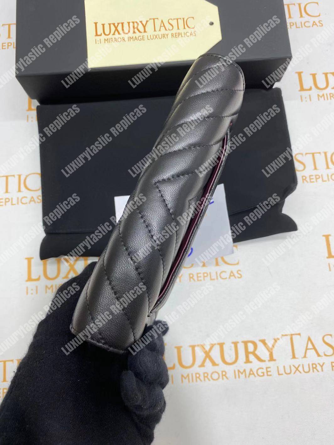 Ch*el wallet on chain – woc chevron lambskin black gold-toned