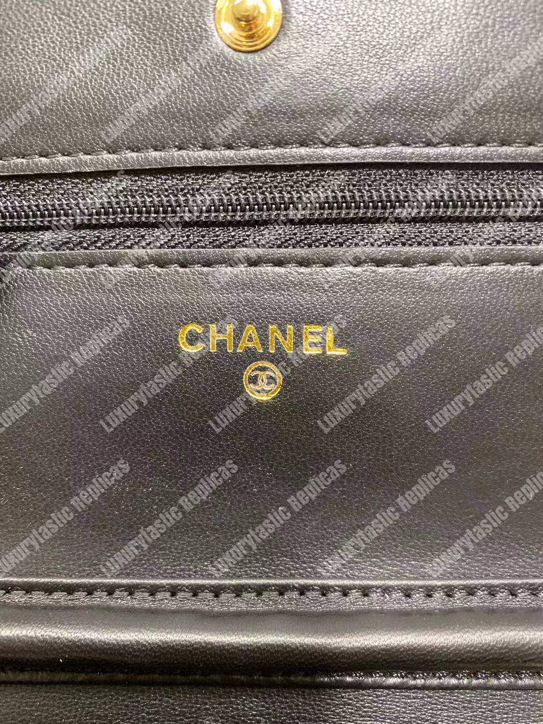 Ch*el wallet on chain – woc chevron lambskin black gold-toned