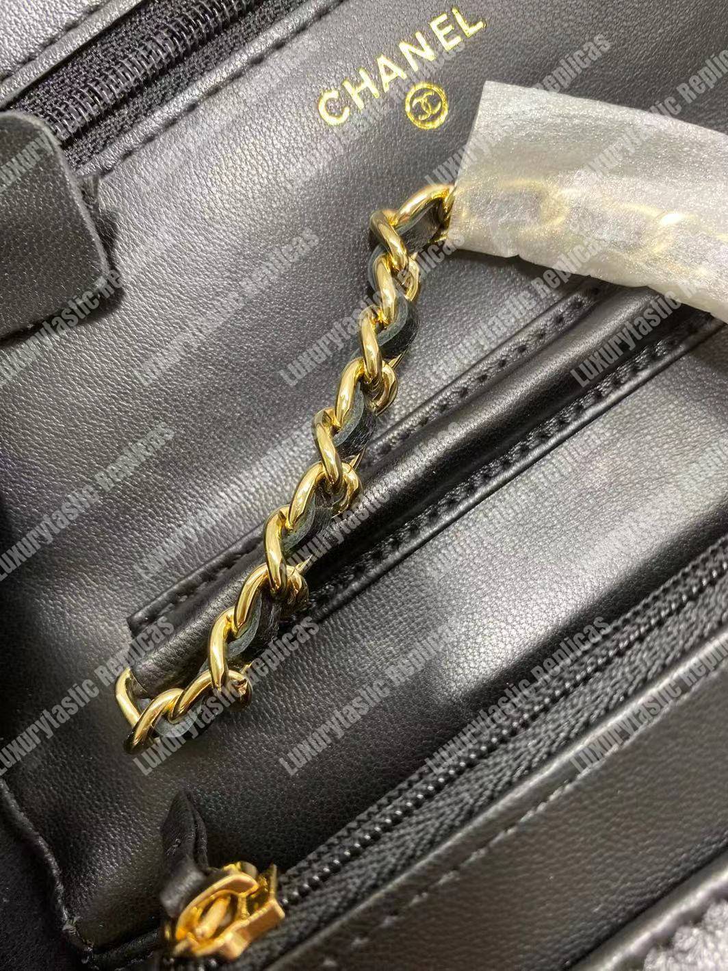 Ch*el wallet on chain – woc chevron lambskin black gold-toned