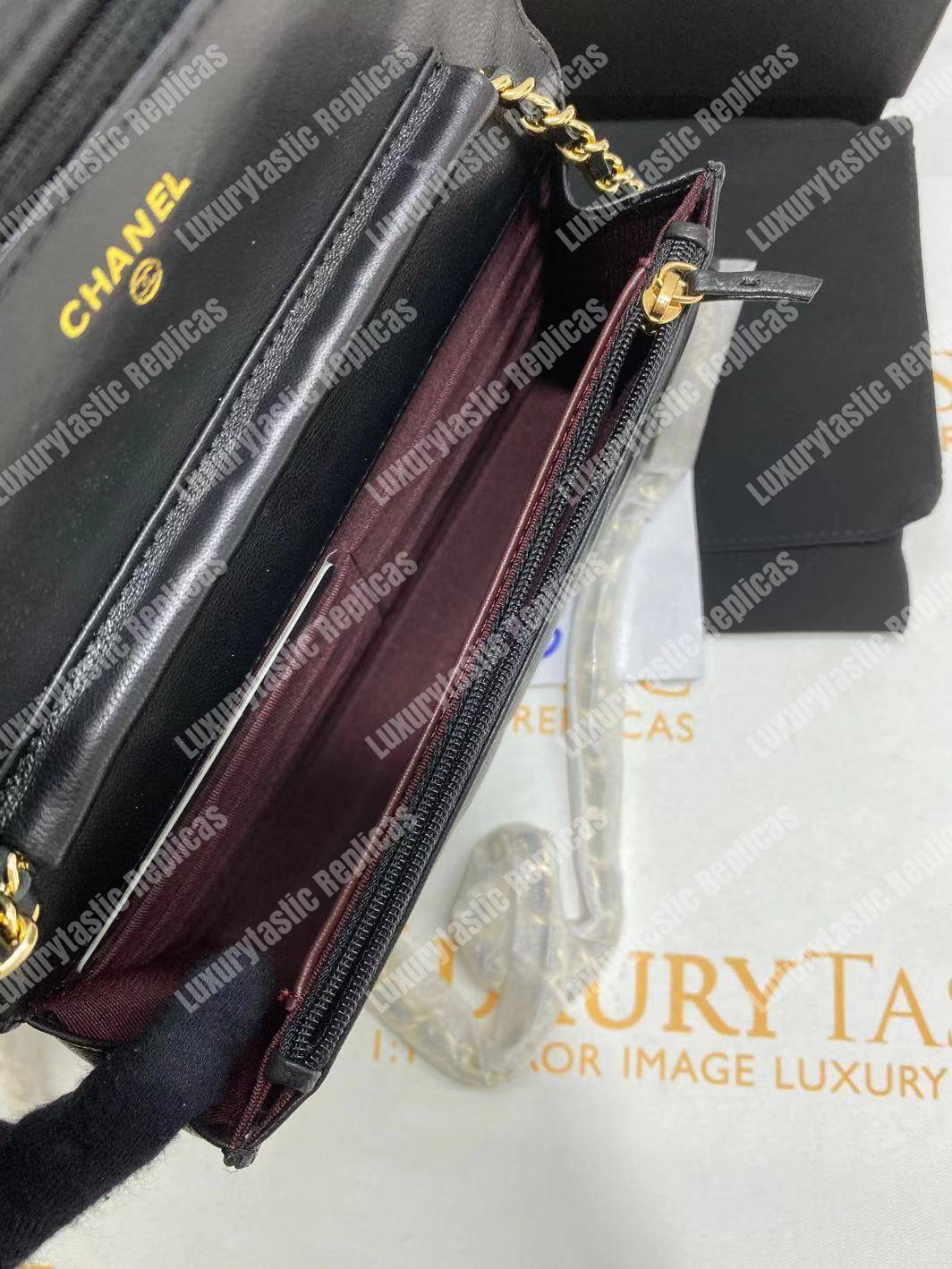 Ch*el wallet on chain – woc chevron lambskin black gold-toned