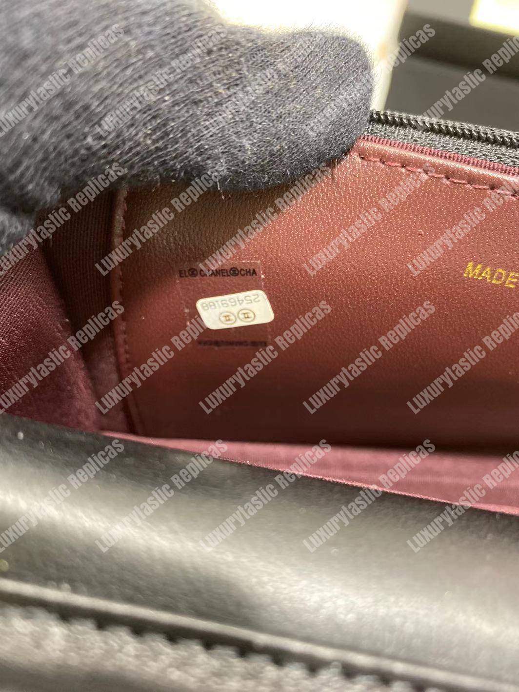 Ch*el wallet on chain – woc chevron lambskin black gold-toned