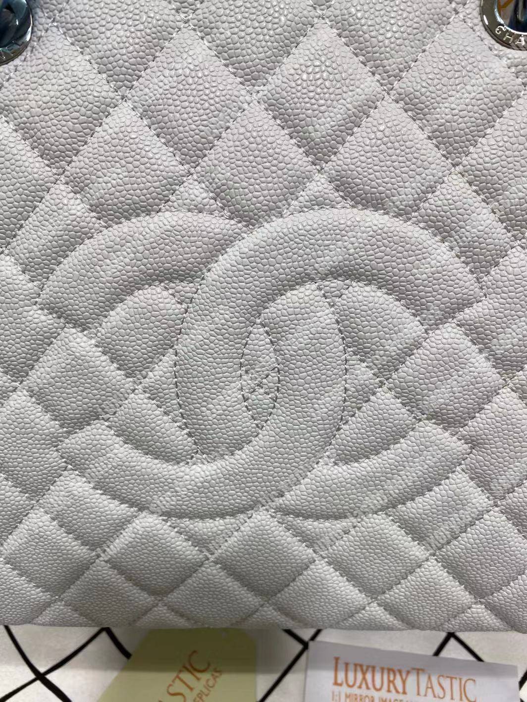 Ch*el large shopping tote silver tone white