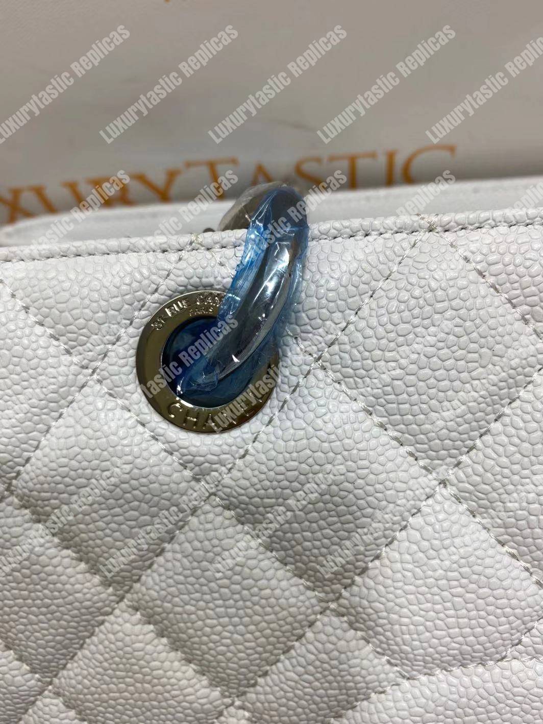 Ch*el large shopping tote silver tone white