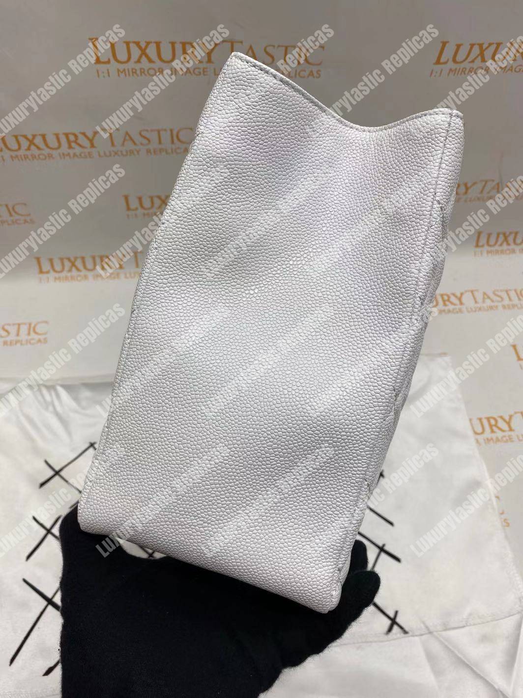 Ch*el large shopping tote silver tone white