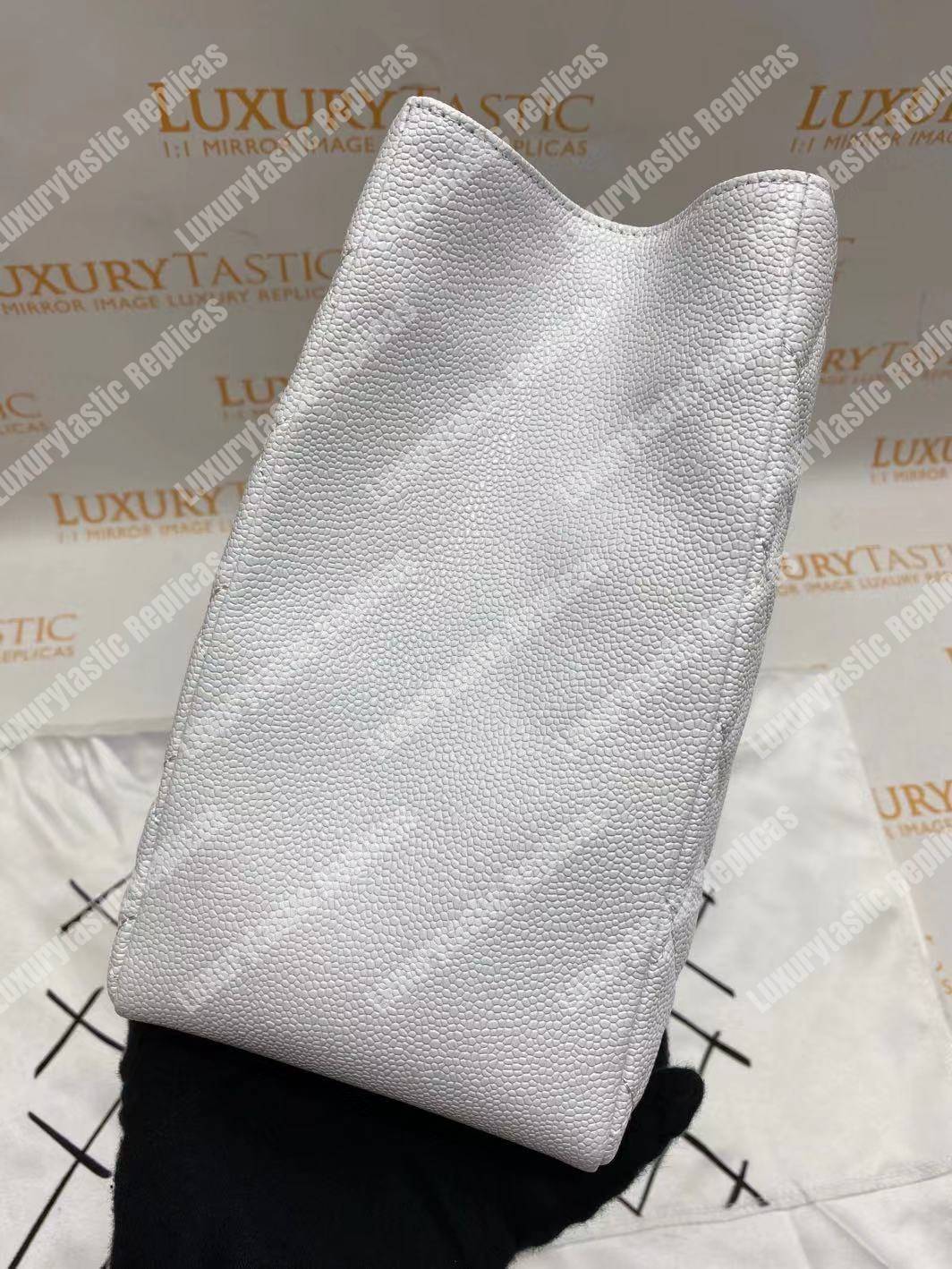 Ch*el large shopping tote silver tone white