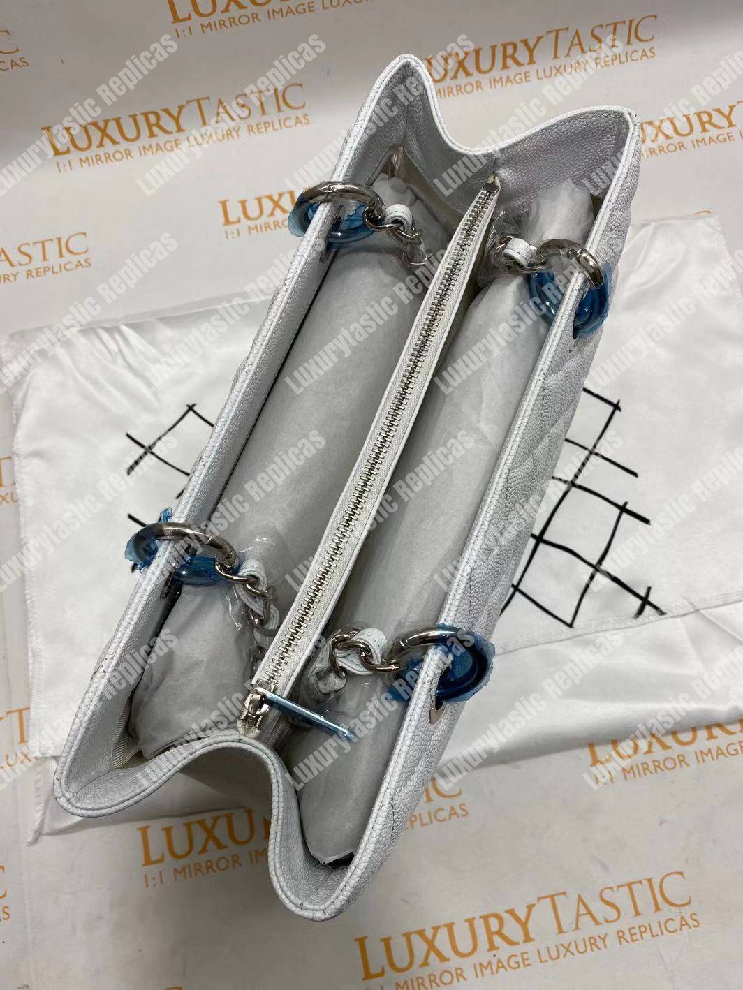 Ch*el large shopping tote silver tone white