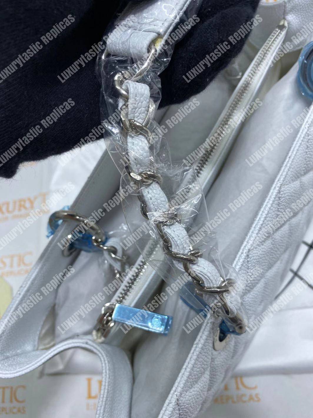 Ch*el large shopping tote silver tone white