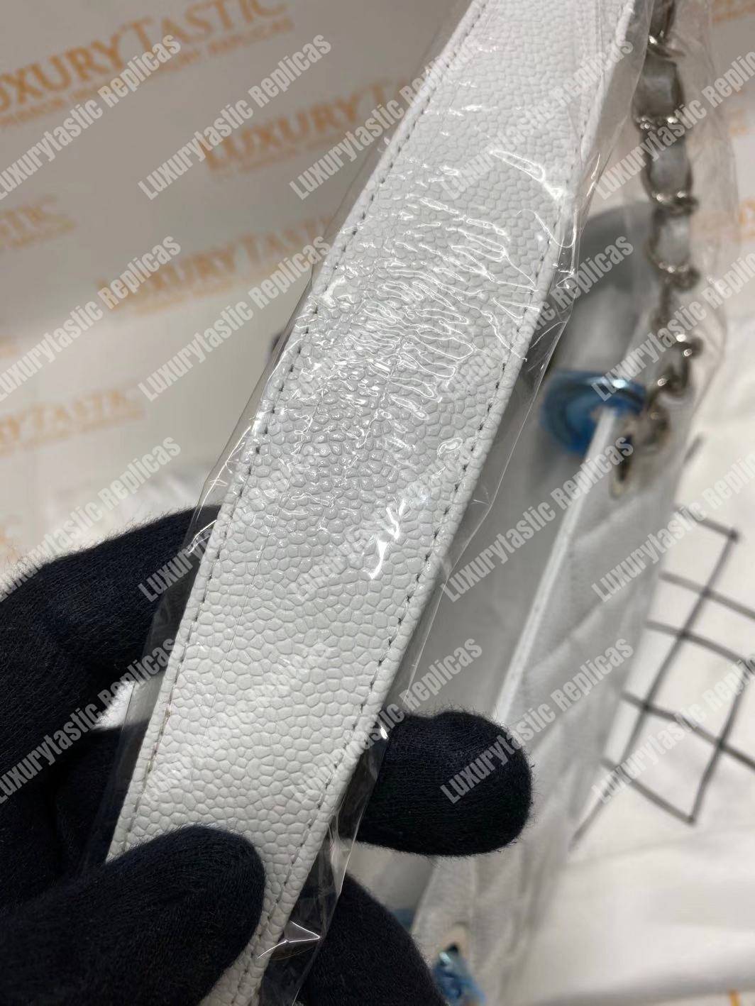 Ch*el large shopping tote silver tone white