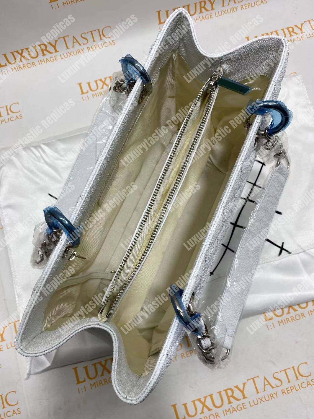 Ch*el large shopping tote silver tone white