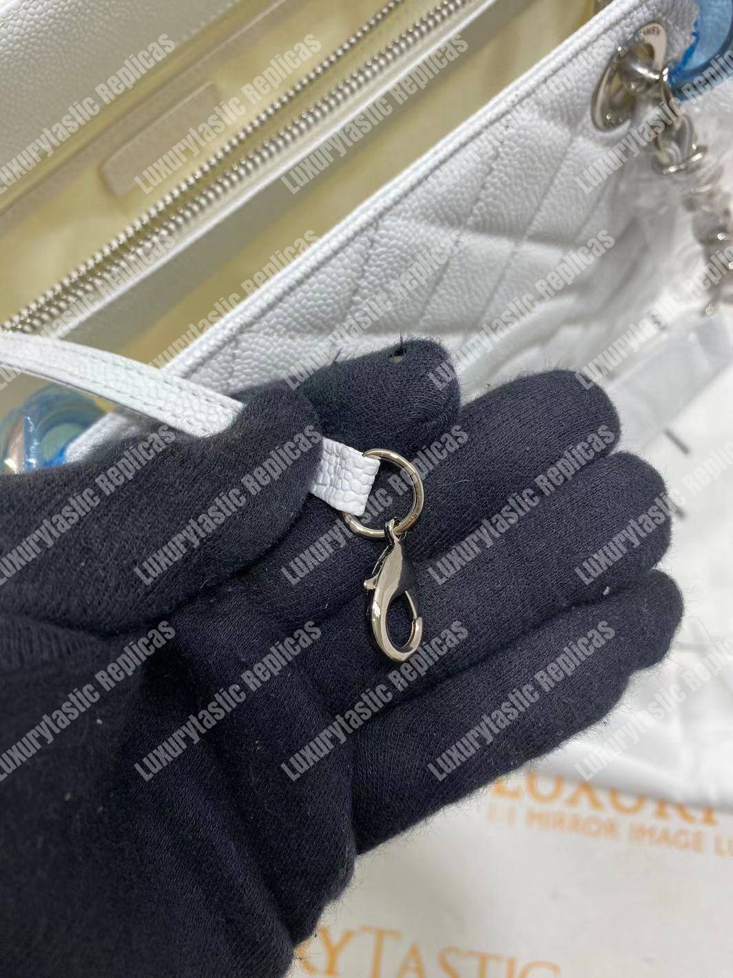 Ch*el large shopping tote silver tone white