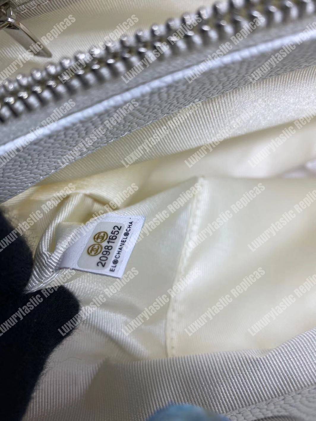 Ch*el large shopping tote silver tone white