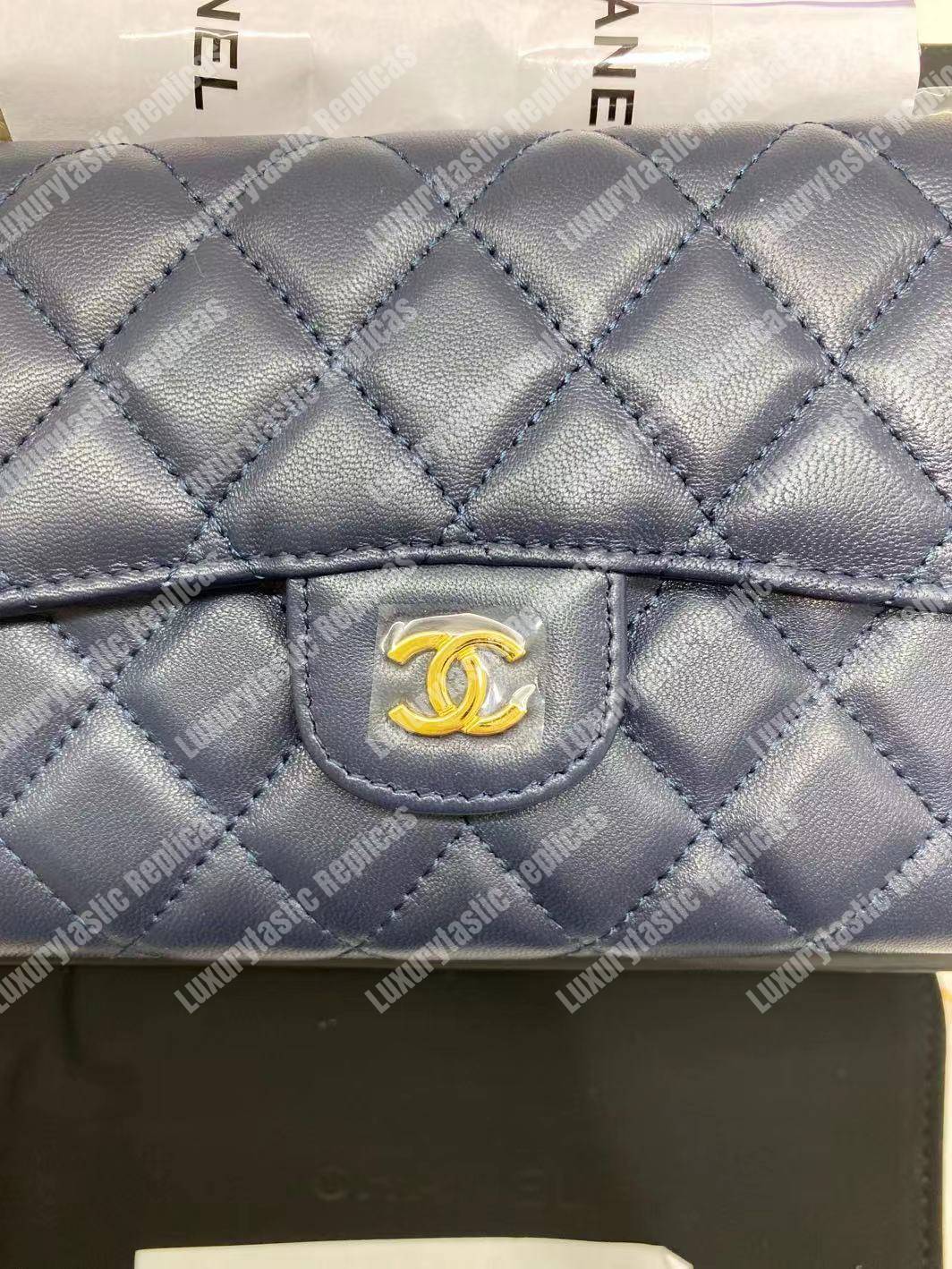 Ch*el classic clutch with chain – cwc lambskin blue silver-toned