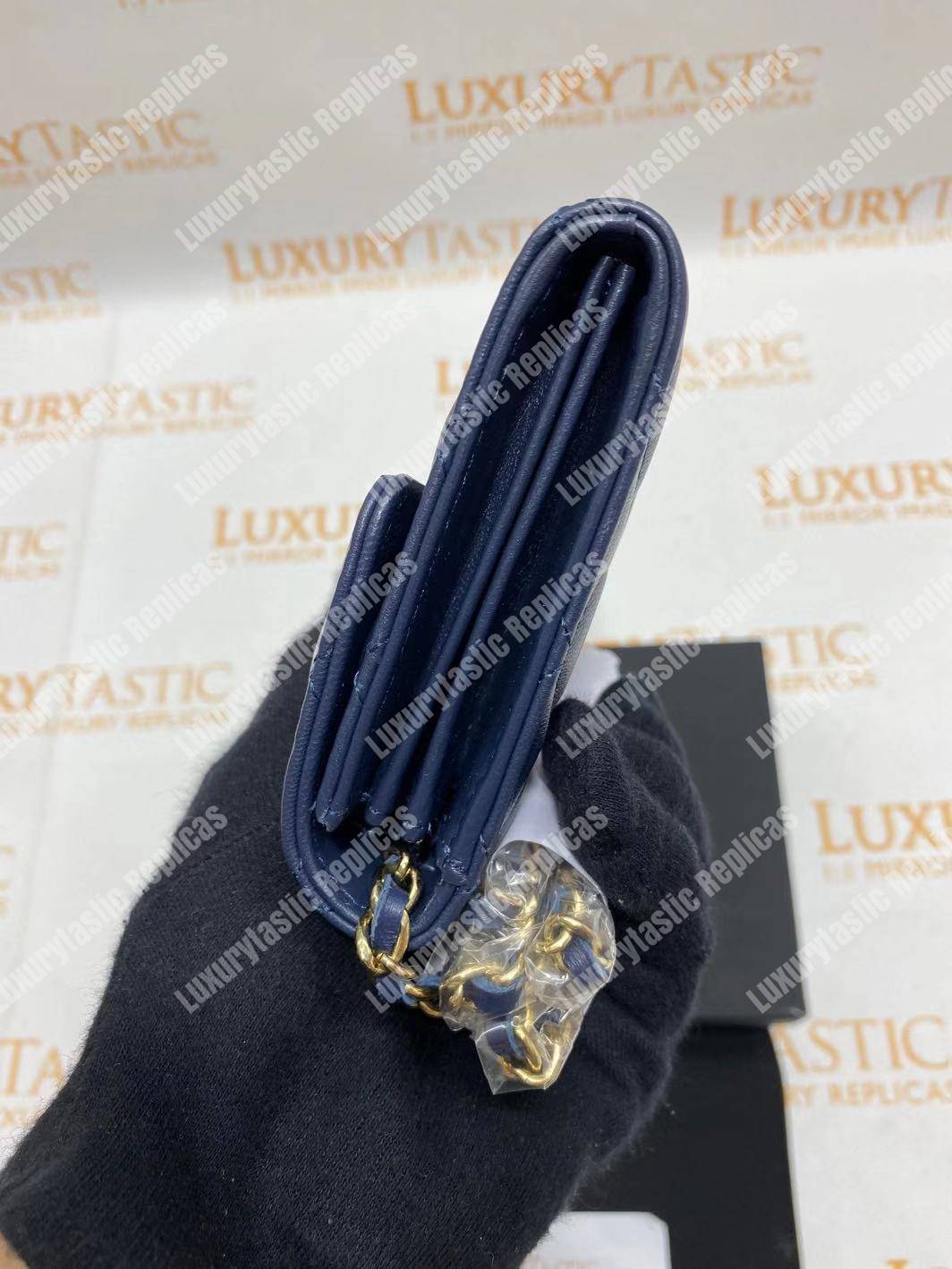 Ch*el classic clutch with chain – cwc lambskin blue silver-toned