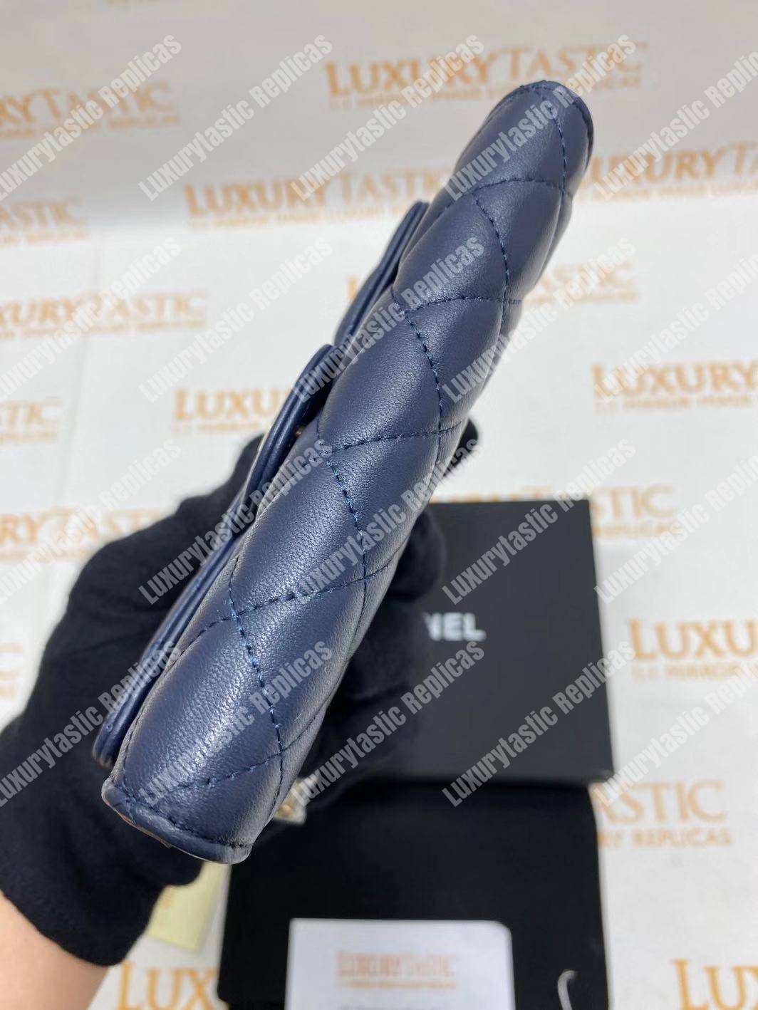 Ch*el classic clutch with chain – cwc lambskin blue silver-toned