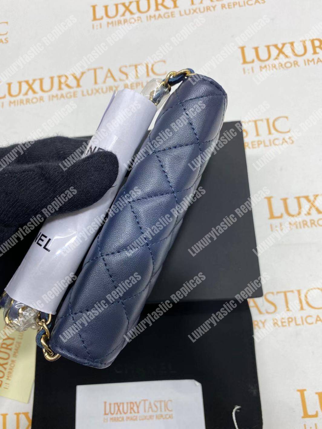 Ch*el classic clutch with chain – cwc lambskin blue silver-toned