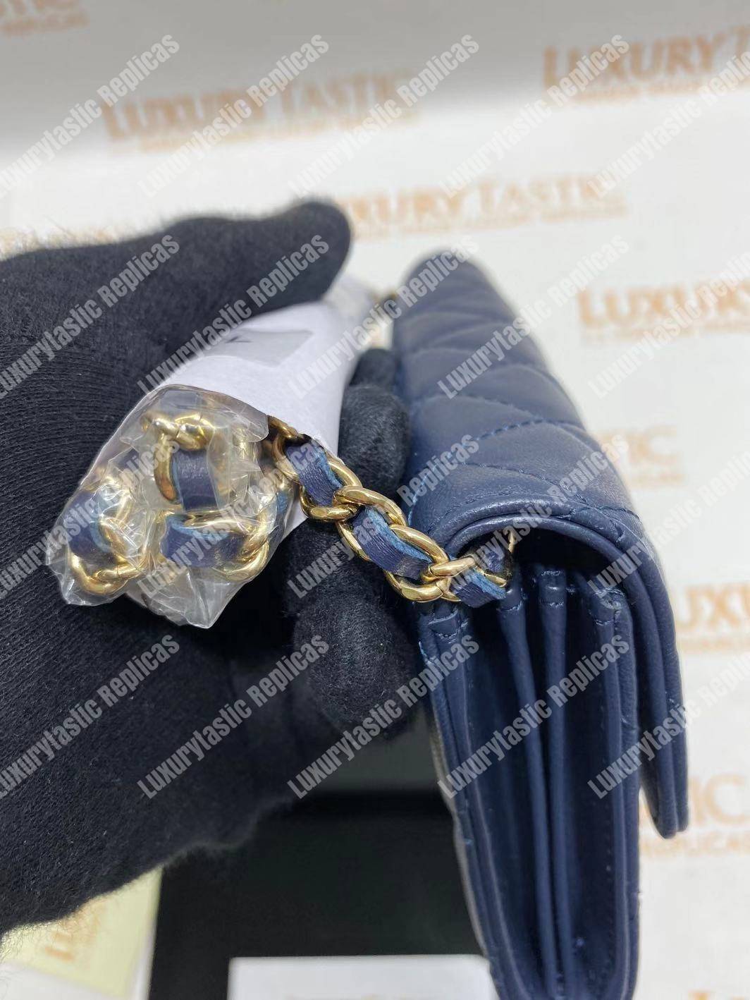 Ch*el classic clutch with chain – cwc lambskin blue silver-toned