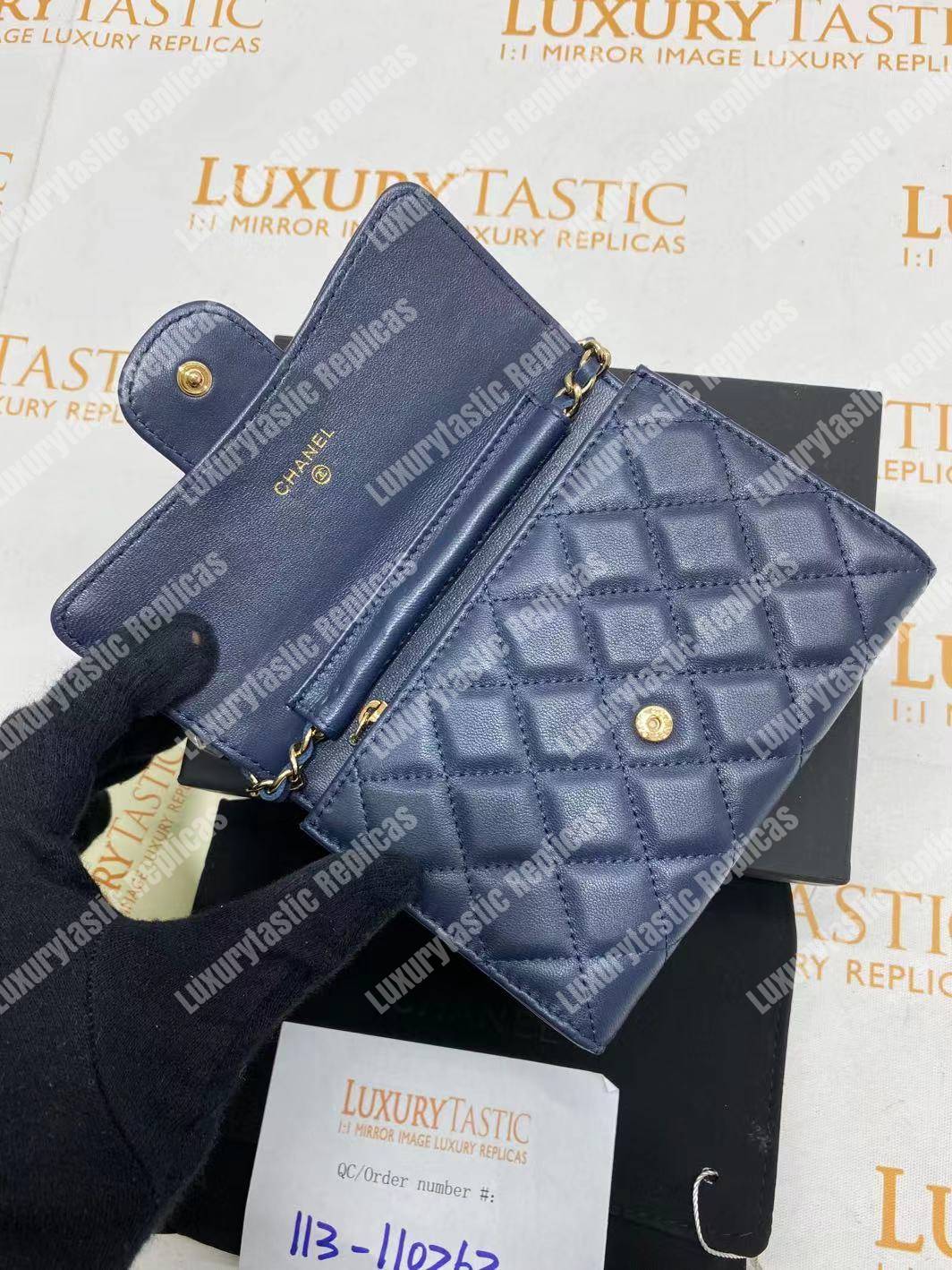 Ch*el classic clutch with chain – cwc lambskin blue silver-toned