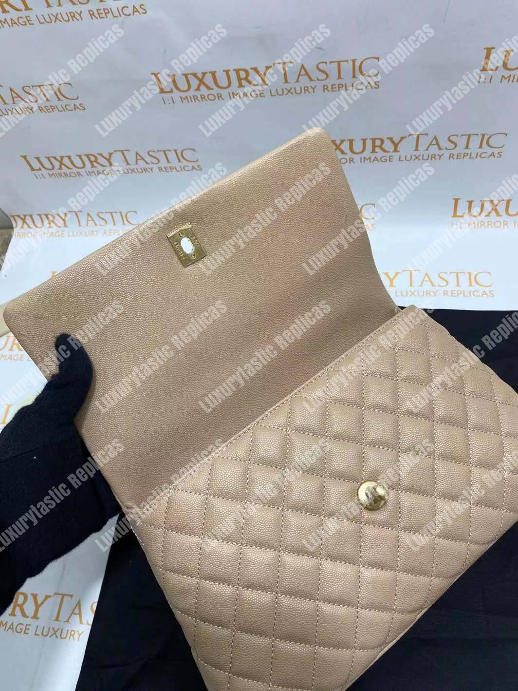 Ch*el flap bag with top handle beige