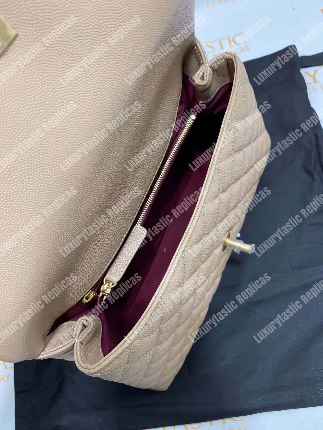 Ch*el flap bag with top handle beige