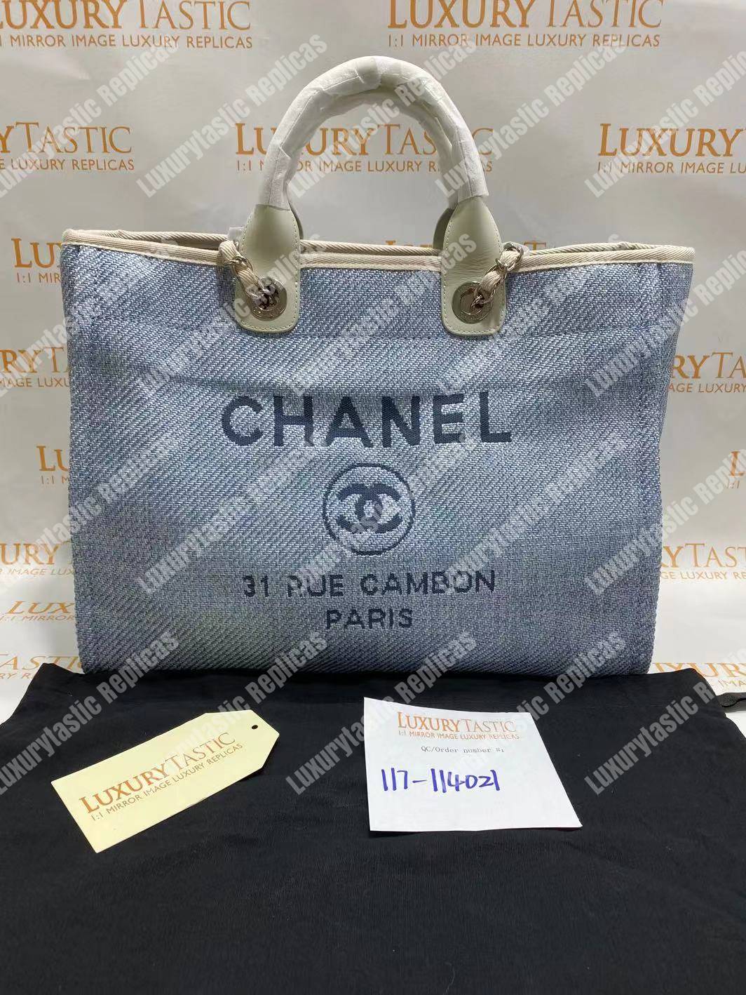 Ch*el deauville fabric tote blue/baige