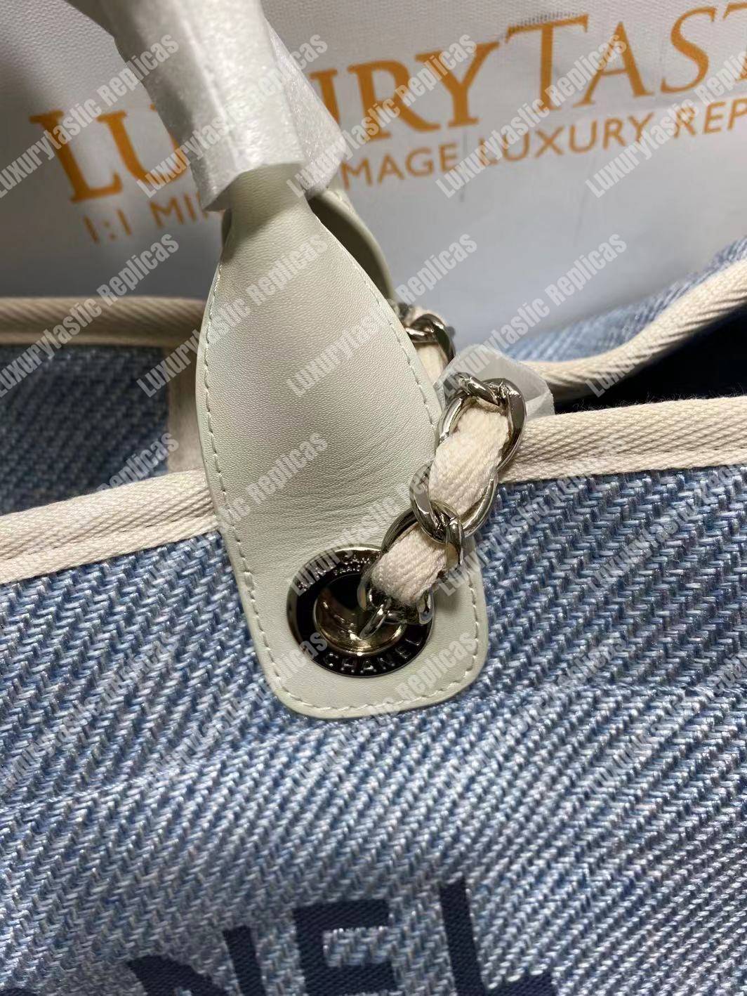 Ch*el deauville fabric tote blue/baige