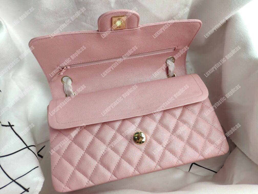 Ch*el caviar quilted small double flap bag pink gold-tone