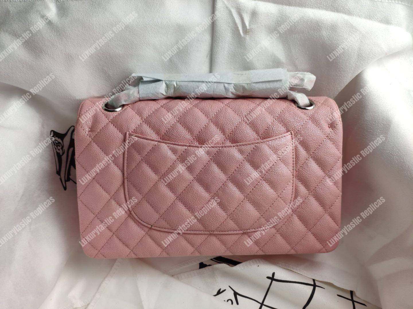 Ch*el caviar quilted medium double flap bag pink silver-tone