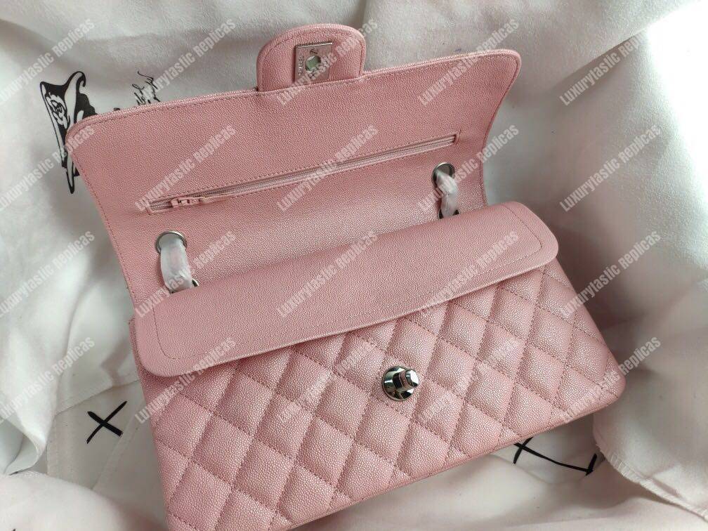 Ch*el caviar quilted medium double flap bag pink silver-tone