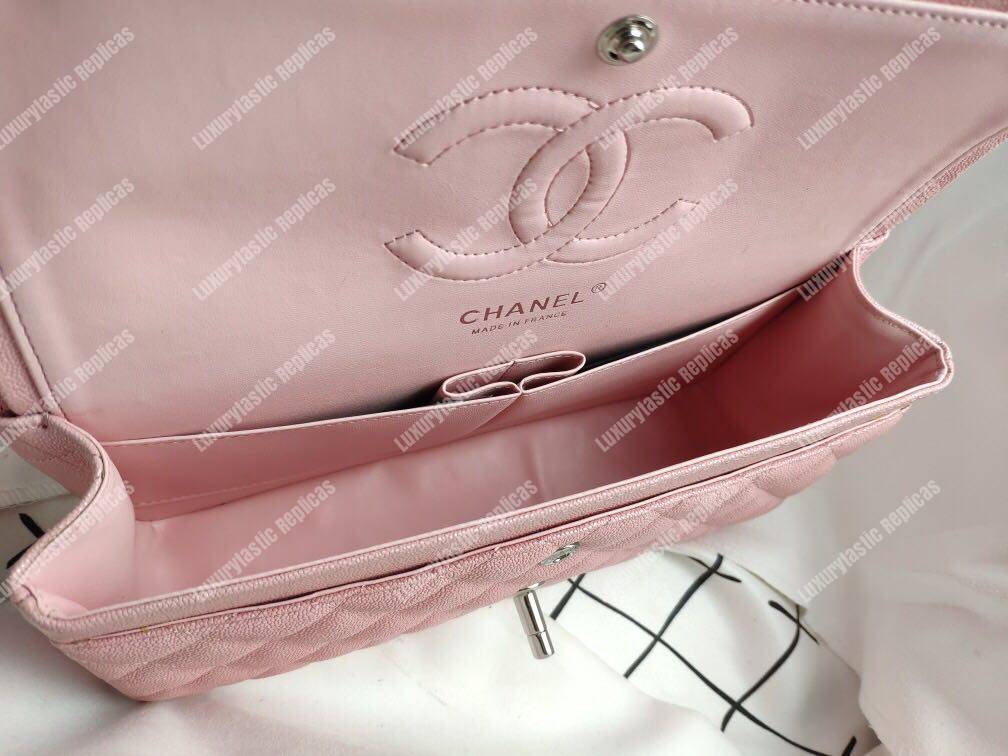 Ch*el caviar quilted medium double flap bag pink silver-tone