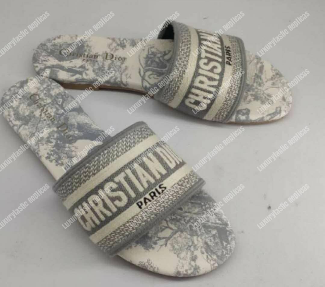 D*or gray and ecru dway toile de jouy embroidered cotton mule white