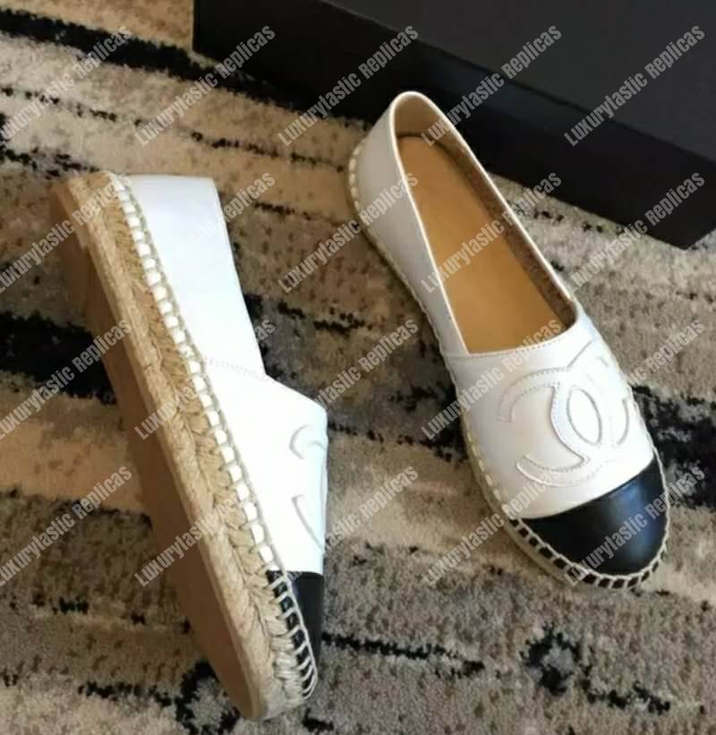 Ch*el lambskin white and black espadrilles