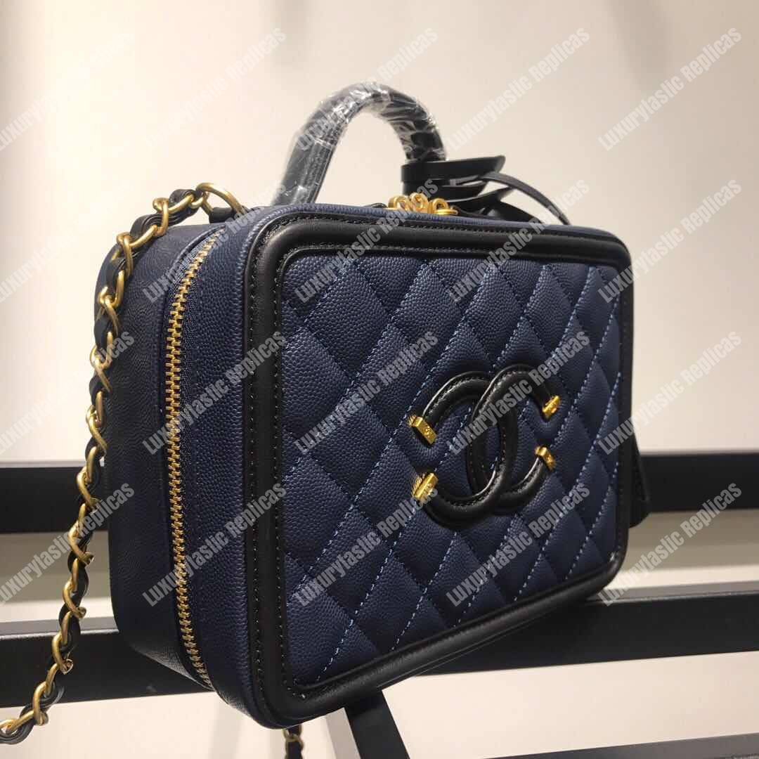 Ch*el filigree vanity case quilted medium navy blue