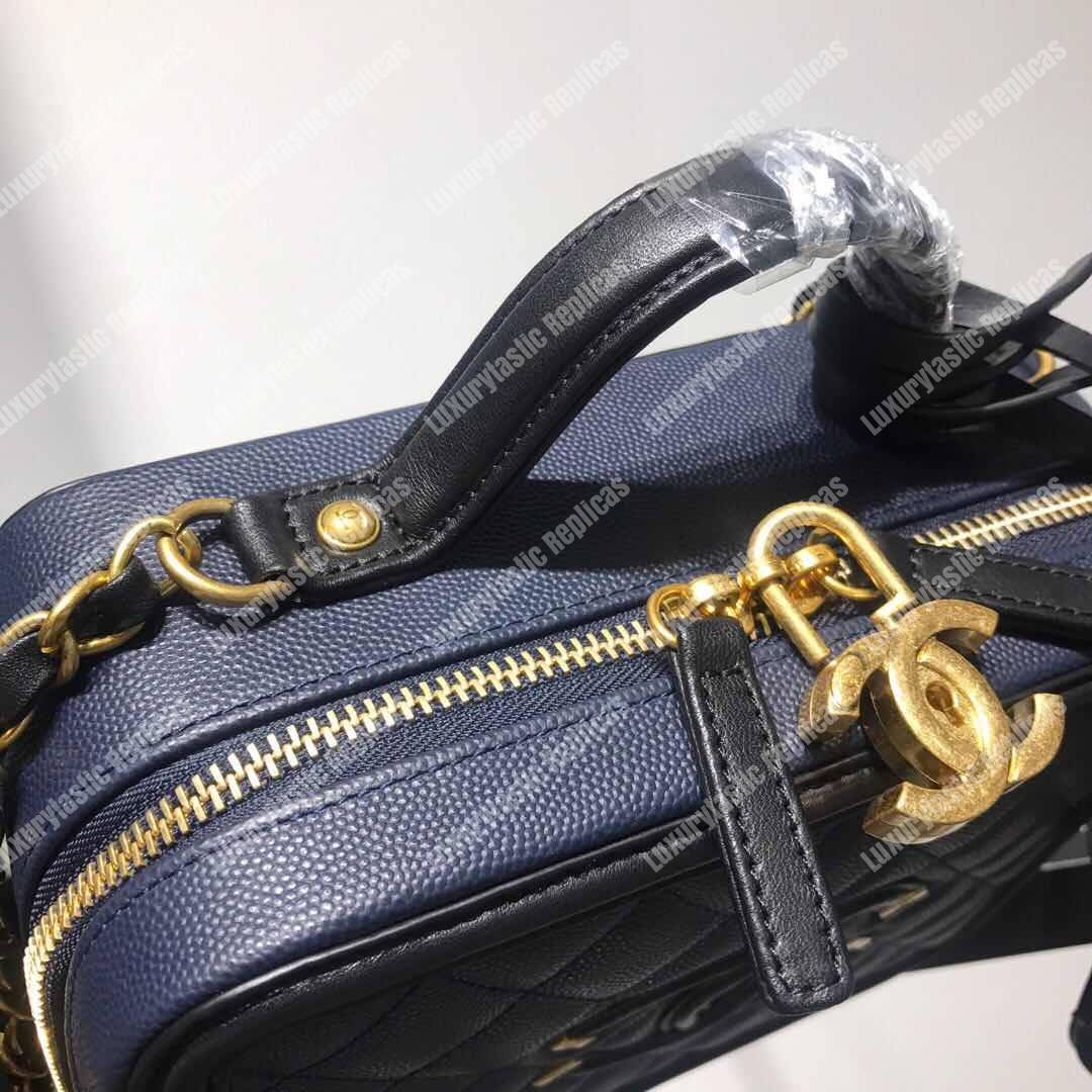 Ch*el filigree vanity case quilted medium navy blue