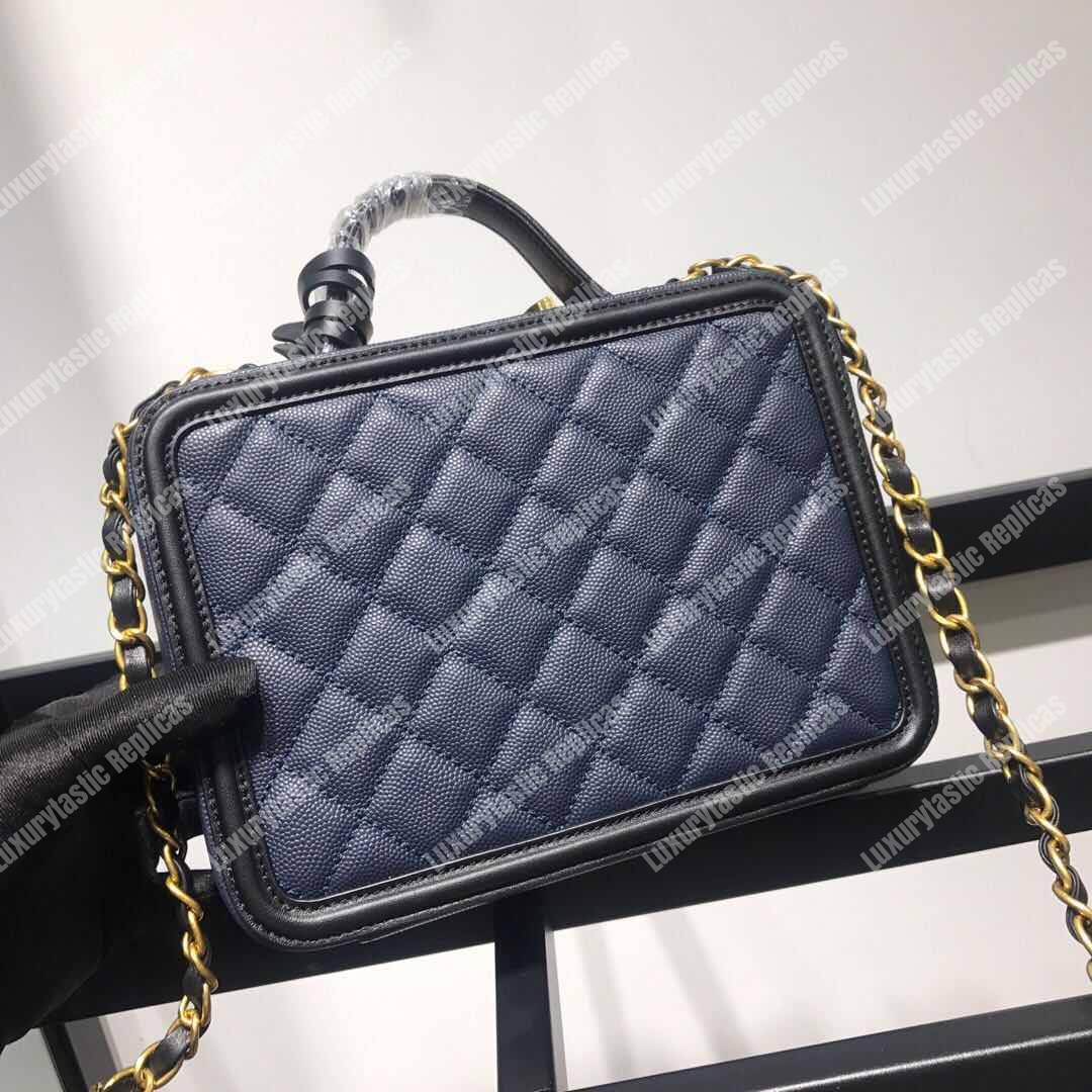 Ch*el filigree vanity case quilted medium navy blue