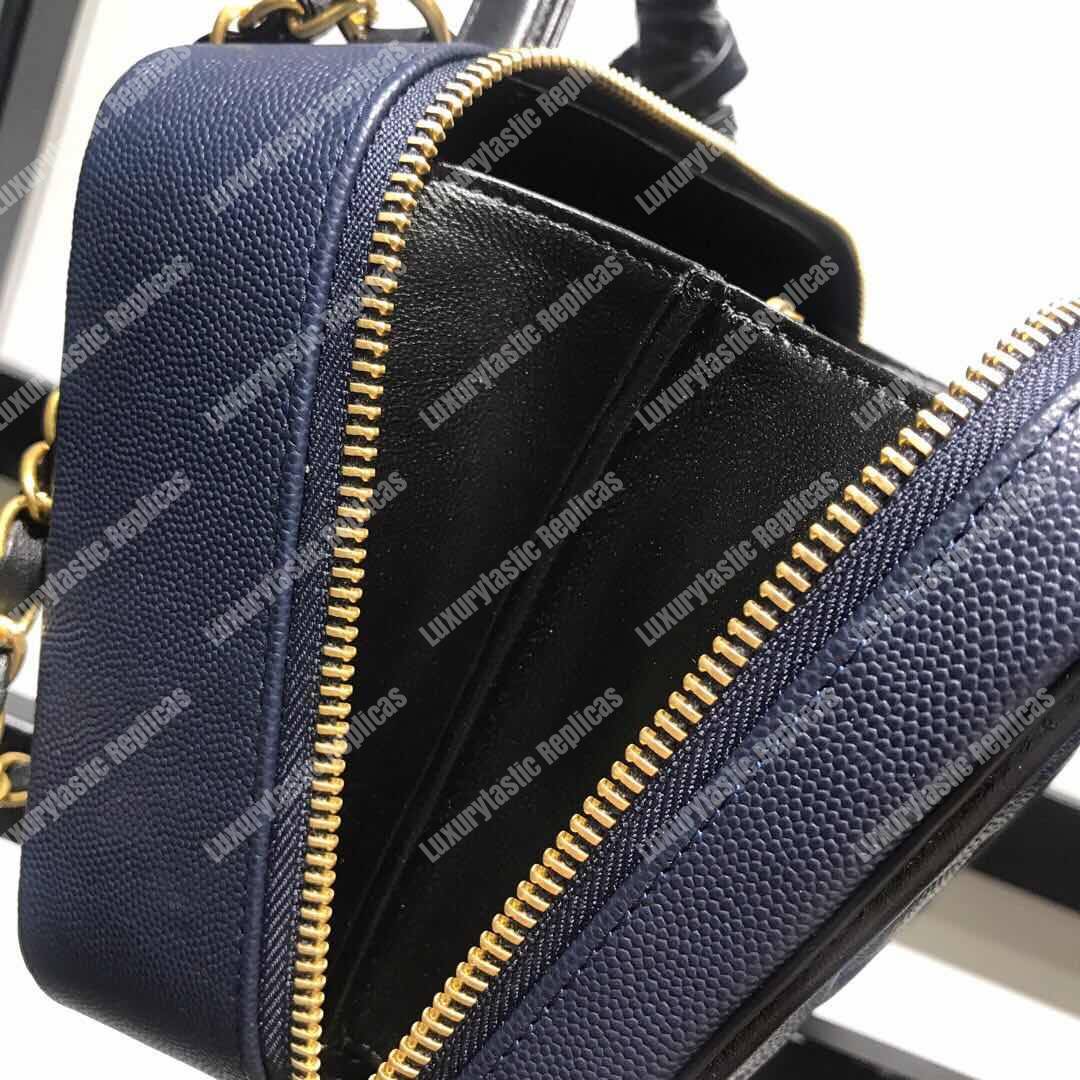 Ch*el filigree vanity case quilted medium navy blue