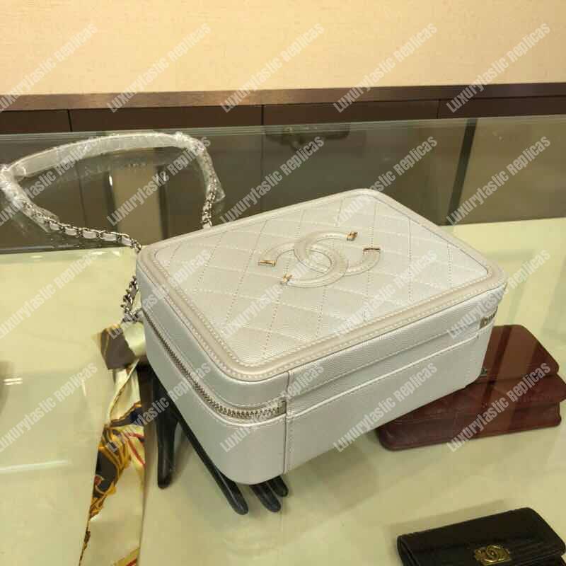 Ch*el filigree vanity case quilted medium grey