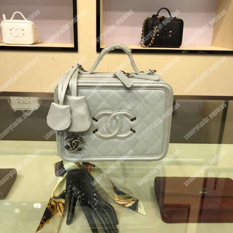 Ch*el filigree vanity case quilted medium grey