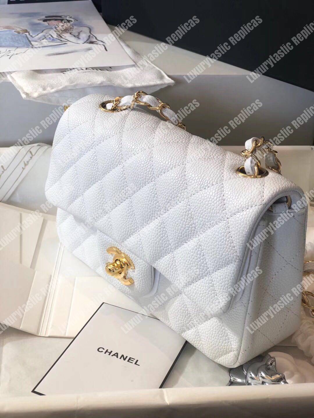 Ch*el mini classic rectangle flap bag white