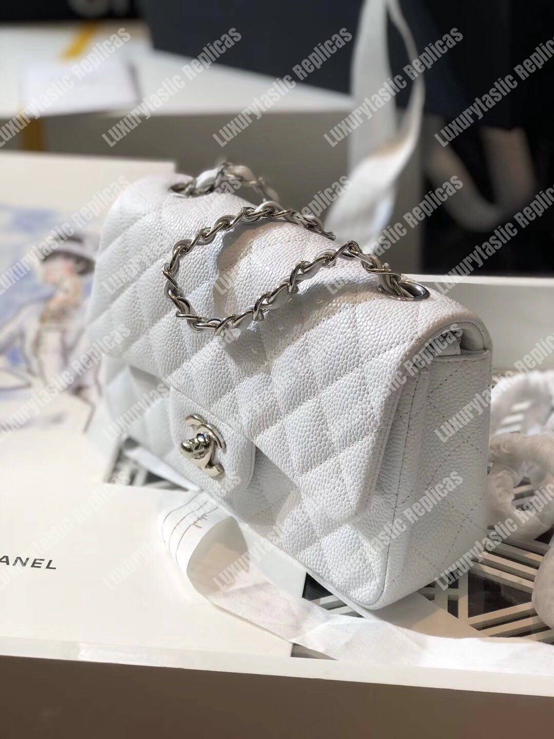 Ch*el mini classic rectangle flap bag white