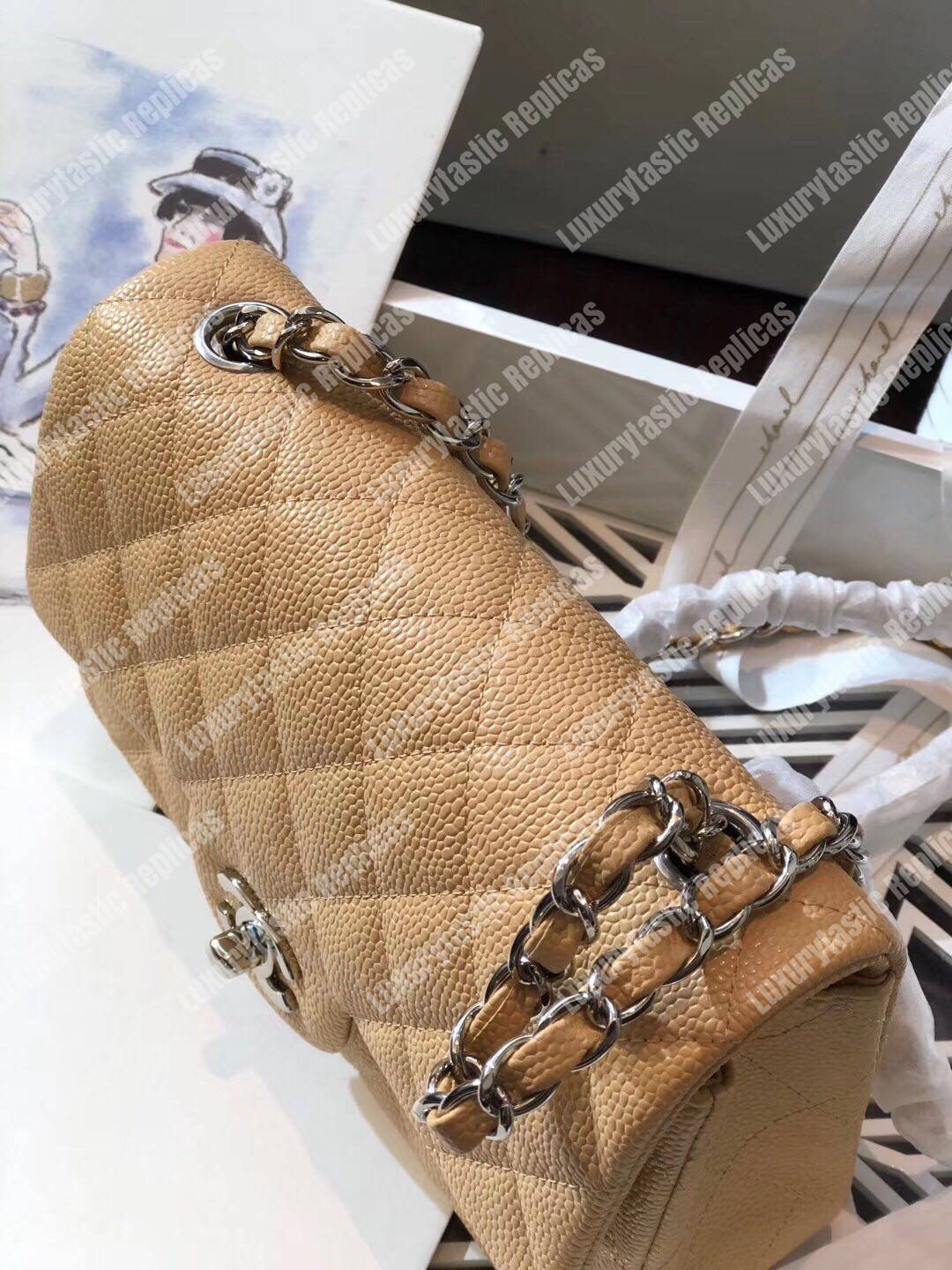 Ch*el mini classic rectangle flap bag beige