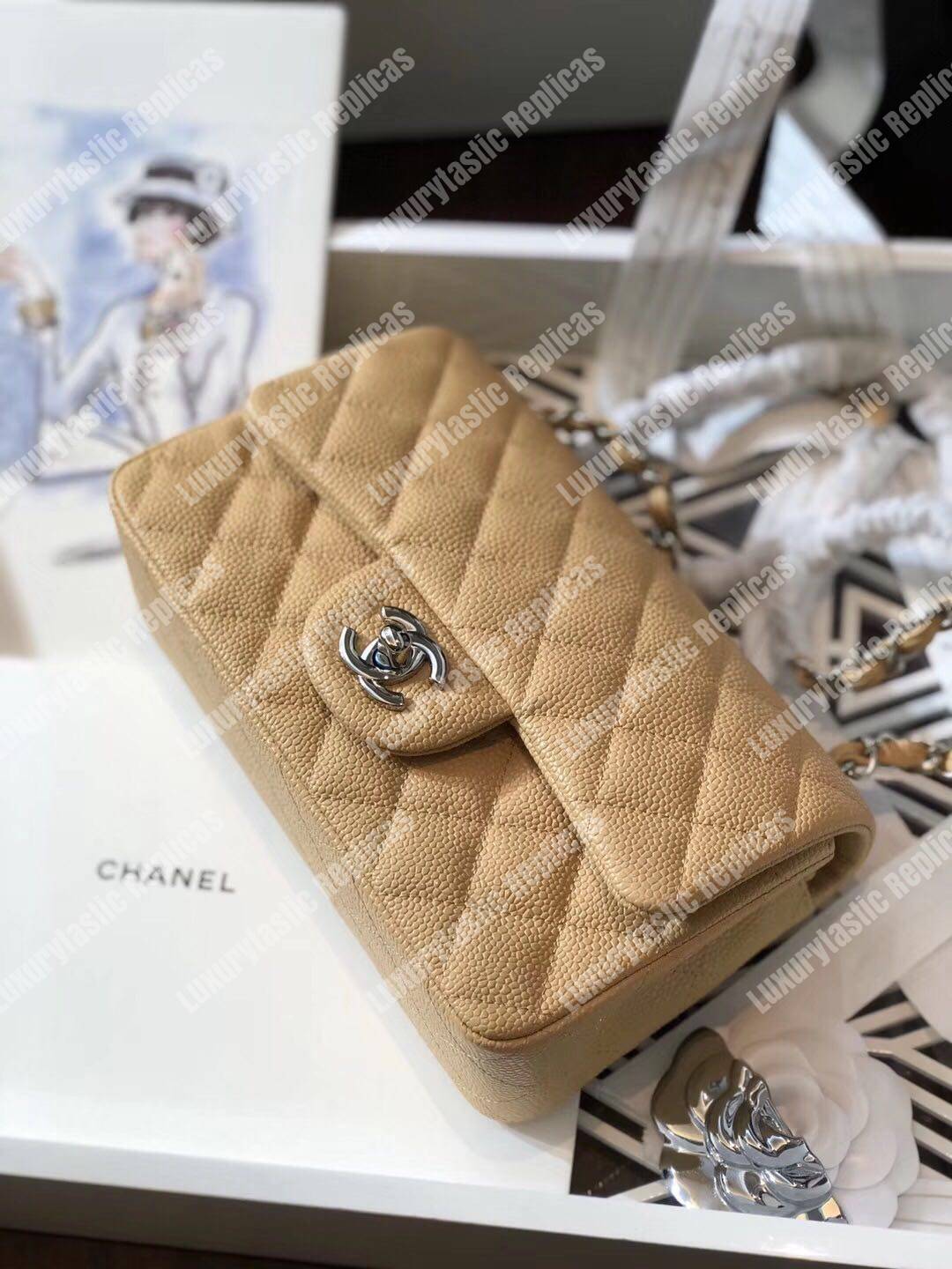 Ch*el mini classic rectangle flap bag beige
