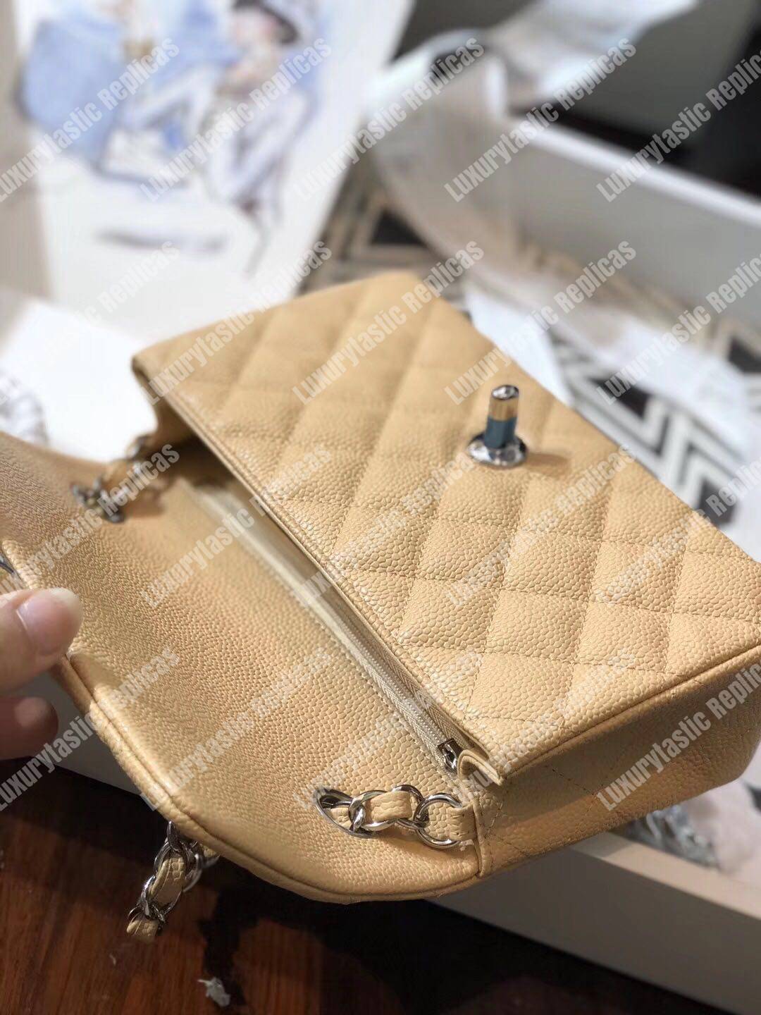 Ch*el mini classic rectangle flap bag beige