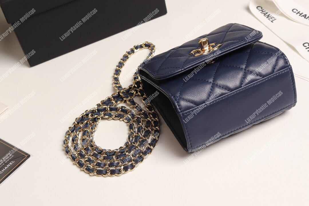 Ch*el clutch with chain navy blue