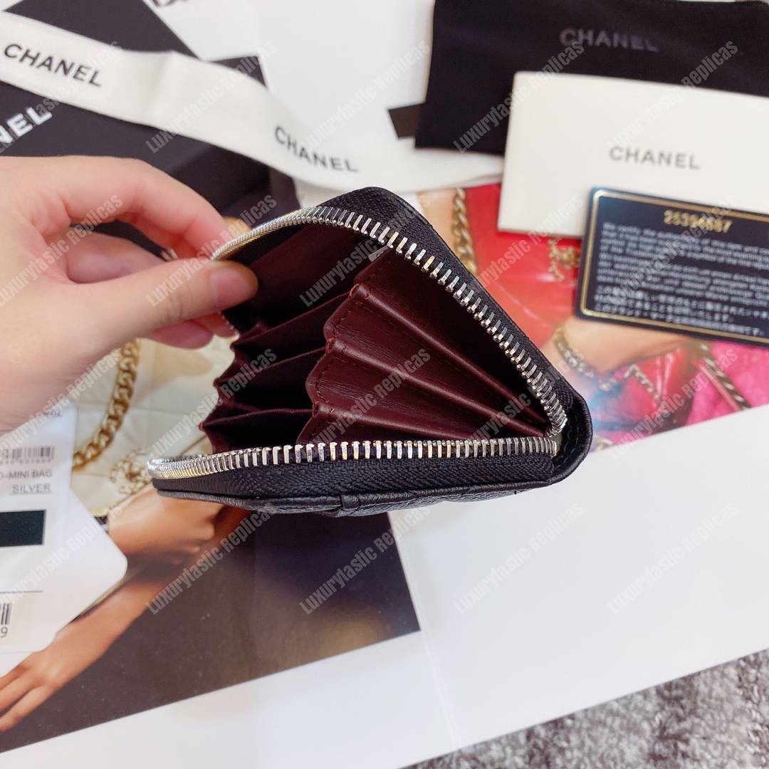 Ch*el classic zipper coin purse silver tone black