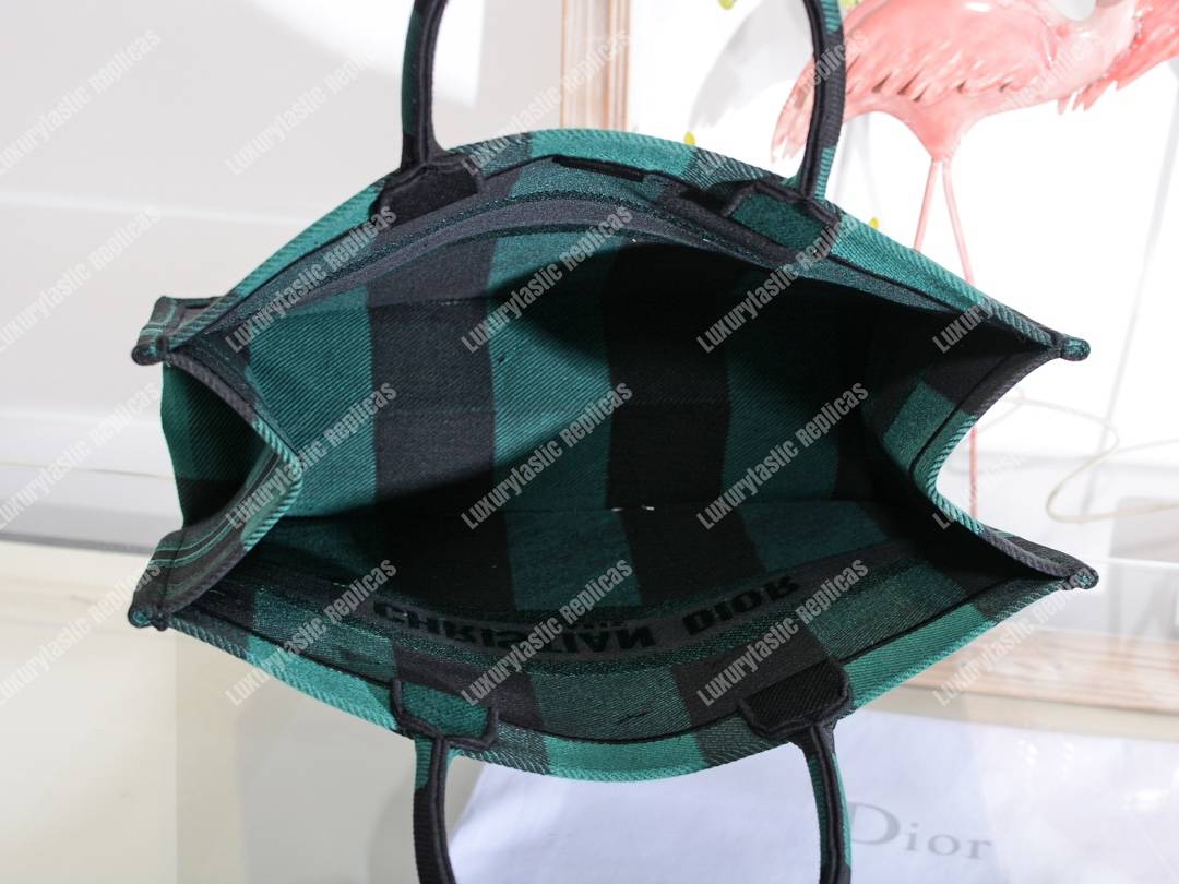 D*or book tote in green & black embroidered canvas